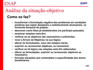 ZOPP e Quadro Lógico – Prof. Jackson De Toni
143
Análise da situação-objetivo
Como se faz?
– transformar a formulação negativa dos problemas em condições
positivas que sejam desejáveis e realisticamente alcançáveis, no
horizonte temporal do projeto;
– descrever como fatos já estabelecidos (no particípio passado);
– examinar relações meio-fim;
– verificar se os objetivos são necessários e suficientes;
– rever a Árvore de Objetivos na sua lógica;
– alterar as formulações, caso não estejam claras;
– suprimir ou acrescentar objetivos, se necessário.
– verificar se há lógica nas relações meio-fim elaboradas;
– alterar as formulações, suprimir ou acrescentar objetivos se
necessário;
– formular situações que contemplem a especificidade dos atores
beneficiários.
ZOPP
 