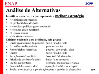ZOPP e Quadro Lógico – Prof. Jackson De Toni
150
Identificar a alternativa que representa a melhor estratégia:
• => limitação de recursos
• => probabilidade de êxito
• => medidas políticas governamentais
• => relação custo-benefício
• => riscos sociais
• => horizonte temporal
Critérios opcionais para avaliação, pelo grupo:
• Custo após término do projeto: baixo / médio / alto
• Experiências disponíveis: poucas / muitas
• Riscos/efeitos negativos: poucos / aceitáveis / altos
• Custo: baixo / médio / alto
• Relação custo/benefício: favorável / desfavorável
• Prioridade dos beneficiários: baixa / alta aceitação
• Efeitos ambientais: nenhum / monitoráveis / altos
• Potencial dos envolvidos: oposição / indiferença / apoio
• Registrar os motivos e ponderações para a escolha da alternativa.
Análise de Alternativas
ZOPP
 