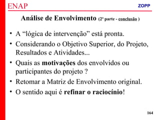 ZOPP e Quadro Lógico – Prof. Jackson De Toni
164
• A “lógica de intervenção” está pronta.
• Considerando o Objetivo Superior, do Projeto,
Resultados e Atividades...
• Quais as motivações dos envolvidos ou
participantes do projeto ?
• Retomar a Matriz de Envolvimento original.
• O sentido aqui é refinar o raciocínio!
Análise de Envolvimento (2ª parte - conclusão )
ZOPP
 