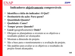 ZOPP e Quadro Lógico – Prof. Jackson De Toni
168
Indicadores objetivamente comprováveis
• Identifica a idéia do indicador: O Quê?
• Destinatário da ação: Para quem?
• Quantidade:Quanto?
• Qualidade: Como?
• Tempo/ prazo: Quando?
• Local (geograficamente): Onde?
• Obrigam os planejadores a reverem se os objetivos e
resultados podem ser alcançados
• Mostram a dimensão do projeto.
• São a base para o monitoramento e a avaliação do projeto.
• São padrões para avaliar se os objetivos e resultados do
projeto foram alcançados.
ZOPP
 