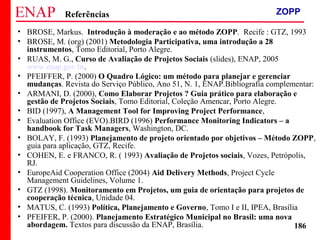 ZOPP e Quadro Lógico – Prof. Jackson De Toni
186
Referências
• BROSE, Markus. Introdução à moderação e ao método ZOPP. Recife : GTZ, 1993
• BROSE, M. (org) (2001) Metodologia Participativa, uma introdução a 28
instrumentos, Tomo Editorial, Porto Alegre.
• RUAS, M. G., Curso de Avaliação de Projetos Sociais (slides), ENAP, 2005
www.enap.gov.br.
• PFEIFFER, P. (2000) O Quadro Lógico: um método para planejar e gerenciar
mudanças. Revista do Serviço Público, Ano 51, N. 1, ENAP.Bibliografia complementar:
• ARMANI, D. (2000), Como Elaborar Projetos ? Guia prático para elaboração e
gestão de Projetos Sociais, Tomo Editorial, Coleção Amencar, Porto Alegre.
• BID (1997), A Management Tool for Improving Project Performance,
• Evaluation Office (EVO).BIRD (1996) Performance Monitoring Indicators – a
handbook for Task Managers, Washington, DC.
• BOLAY, F. (1993) Planejamento de projeto orientado por objetivos – Método ZOPP,
guia para aplicação, GTZ, Recife.
• COHEN, E. e FRANCO, R. ( 1993) Avaliação de Projetos sociais, Vozes, Petrópolis,
RJ.
• EuropeAid Cooperation Office (2004) Aid Delivery Methods, Project Cycle
Management Guidelines, Volume 1.
• GTZ (1998). Monitoramento em Projetos, um guia de orientação para projetos de
cooperação técnica, Unidade 04.
• MATUS, C. (1993) Política, Planejamento e Governo, Tomo I e II, IPEA, Brasília
• PFEIFER, P. (2000). Planejamento Estratégico Municipal no Brasil: uma nova
abordagem. Textos para discussão da ENAP, Brasília.
ZOPP
 