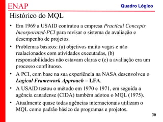 ZOPP e Quadro Lógico – Prof. Jackson De Toni
30
Histórico do MQL
• Em 1969 a USAID contratou a empresa Practical Concepts
Incorporated-PCI para revisar o sistema de avaliação e
desempenho de projetos.
• Problemas básicos: (a) objetivos muito vagos e não
realacionados com atividades executadas, (b)
responsabilidades não estavam claras e (c) a avaliação era um
processo conflituoso.
• A PCI, com base na sua experiência na NASA desenvolveu o
Logical Framework Approach – LFA.
• A USAID testou o método em 1970 e 1971, em seguida a
agência canadense (CIDA) também adotou o MQL (1975).
• Atualmente quase todas agências internacionais utilizam o
MQL como padrão básico de programas e projetos.
Quadro Lógico
 