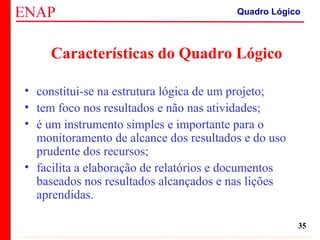 ZOPP e Quadro Lógico – Prof. Jackson De Toni
35
Características do Quadro Lógico
• constitui-se na estrutura lógica de um projeto;
• tem foco nos resultados e não nas atividades;
• é um instrumento simples e importante para o
monitoramento de alcance dos resultados e do uso
prudente dos recursos;
• facilita a elaboração de relatórios e documentos
baseados nos resultados alcançados e nas lições
aprendidas.
Quadro Lógico
 