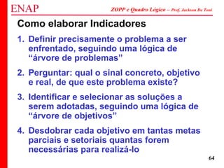 ZOPP e Quadro Lógico – Prof. Jackson De Toni
64
Como elaborar Indicadores
1. Definir precisamente o problema a ser
enfrentado, seguindo uma lógica de
“árvore de problemas”
2. Perguntar: qual o sinal concreto, objetivo
e real, de que este problema existe?
3. Identificar e selecionar as soluções a
serem adotadas, seguindo uma lógica de
“árvore de objetivos”
4. Desdobrar cada objetivo em tantas metas
parciais e setoriais quantas forem
necessárias para realizá-lo
 
