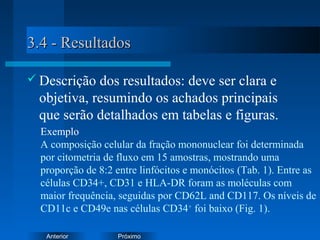 PróximoAnterior
3.4 - Resultados3.4 - Resultados
 Descrição dos resultados: deve ser clara e
objetiva, resumindo os achados principais
que serão detalhados em tabelas e figuras.
Exemplo
A composição celular da fração mononuclear foi determinada
por citometria de fluxo em 15 amostras, mostrando uma
proporção de 8:2 entre linfócitos e monócitos (Tab. 1). Entre as
células CD34+, CD31 e HLA-DR foram as moléculas com
maior frequência, seguidas por CD62L and CD117. Os níveis de
CD11c e CD49e nas células CD34+
foi baixo (Fig. 1).
 