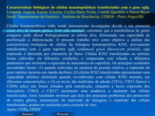 PróximoAnterior
Características biológicas de células hematopoiéticas transfectadas com o gene egfp.
Leonardo Augusto Karam Teixeira, Cecília Matte Fricke, Camila Ilgenfritz e Nance Beyer
Nardi. Departamento de Genética – Instituto de Biociências, UFRGS – Porto Alegre/RS.
Células hematopoiéticas estão sendo intensamente investigadas devido a seu potencial
como alvo de terapia gênica. Tem sido mostrado entretanto que a transferência de genes
exógenos pode alterar biologicamente as células alvo, diminuindo sua capacidade de
proliferação e diferenciação. O presente trabalho teve como objetivo a análise das
características biológicas de células da linhagem hematopoiética K562, previamente
transfectadas com o gene repórter egfp (enhanced green fluorescent protein), cuja
expressão é detectada por citometria de fluxo. Células K562 transfectadas ou normais
foram cultivadas em diferentes condições, e comparadas com relação a diferentes
parâmetros que incluiram a expressão de marcadores de superfície. Os principais resultados
encontrados foram: (1) quando cultivadas na ausência de pressão seletiva, a expressão do
gene repórter mostrou um rápido declínio; (2) células K562 transfectadas apresentaram uma
capacidade mitótica diminuída quando co-cultivadas com células K562 normais, em
diferentes concentrações; e (3) os níveis das moléculas de adesão CD11c, CD31 (baixo) e
CD49e (alto) não foram afetados pela transfecção, enquanto a baixa expressão dos
marcadores CD62L e CD117 mostraram uma tendência a aumentar nas células
transfectadas. Estes resultados mostram que dois dos principais problemas dos protocolos
de terapia gênica, manutenção da expressão do transgene e expansão das células
transfectadas, podem ser analisados para correção in vitro.
Apoio: CNPq, FINEP
 