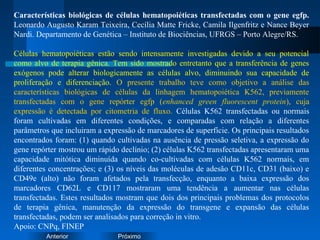 PróximoAnterior
Características biológicas de células hematopoiéticas transfectadas com o gene egfp.
Leonardo Augusto Karam Teixeira, Cecília Matte Fricke, Camila Ilgenfritz e Nance Beyer
Nardi. Departamento de Genética – Instituto de Biociências, UFRGS – Porto Alegre/RS.
Células hematopoiéticas estão sendo intensamente investigadas devido a seu potencial
como alvo de terapia gênica. Tem sido mostrado entretanto que a transferência de genes
exógenos pode alterar biologicamente as células alvo, diminuindo sua capacidade de
proliferação e diferenciação. O presente trabalho teve como objetivo a análise das
características biológicas de células da linhagem hematopoiética K562, previamente
transfectadas com o gene repórter egfp (enhanced green fluorescent protein), cuja
expressão é detectada por citometria de fluxo. Células K562 transfectadas ou normais
foram cultivadas em diferentes condições, e comparadas com relação a diferentes
parâmetros que incluiram a expressão de marcadores de superfície. Os principais resultados
encontrados foram: (1) quando cultivadas na ausência de pressão seletiva, a expressão do
gene repórter mostrou um rápido declínio; (2) células K562 transfectadas apresentaram uma
capacidade mitótica diminuída quando co-cultivadas com células K562 normais, em
diferentes concentrações; e (3) os níveis das moléculas de adesão CD11c, CD31 (baixo) e
CD49e (alto) não foram afetados pela transfecção, enquanto a baixa expressão dos
marcadores CD62L e CD117 mostraram uma tendência a aumentar nas células
transfectadas. Estes resultados mostram que dois dos principais problemas dos protocolos
de terapia gênica, manutenção da expressão do transgene e expansão das células
transfectadas, podem ser analisados para correção in vitro.
Apoio: CNPq, FINEP
 