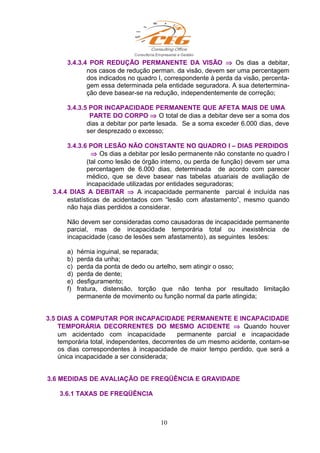 3.4.3.4 POR REDUÇÃO PERMANENTE DA VISÃO ⇒ Os dias a debitar,
nos casos de redução perman. da visão, devem ser uma percentagem
dos indicados no quadro I, correspondente à perda da visão, percenta-
gem essa determinada pela entidade seguradora. A sua detertermina-
ção deve basear-se na redução, independentemente de correção;
3.4.3.5 POR INCAPACIDADE PERMANENTE QUE AFETA MAIS DE UMA
PARTE DO CORPO ⇒ O total de dias a debitar deve ser a soma dos
dias a debitar por parte lesada. Se a soma exceder 6.000 dias, deve
ser desprezado o excesso;
3.4.3.6 POR LESÃO NÃO CONSTANTE NO QUADRO I – DIAS PERDIDOS
⇒ Os dias a debitar por lesão permanente não constante no quadro I
(tal como lesão de órgão interno, ou perda de função) devem ser uma
percentagem de 6.000 dias, determinada de acordo com parecer
médico, que se deve basear nas tabelas atuariais de avaliação de
incapacidade utilizadas por entidades seguradoras;
3.4.4 DIAS A DEBITAR ⇒ A incapacidade permanente parcial é incluída nas
estatísticas de acidentados com “lesão com afastamento”, mesmo quando
não haja dias perdidos a considerar.
Não devem ser consideradas como causadoras de incapacidade permanente
parcial, mas de incapacidade temporária total ou inexistência de
incapacidade (caso de lesões sem afastamento), as seguintes lesões:
a) hérnia inguinal, se reparada;
b) perda da unha;
c) perda da ponta de dedo ou artelho, sem atingir o osso;
d) perda de dente;
e) desfiguramento;
f) fratura, distensão, torção que não tenha por resultado limitação
permanente de movimento ou função normal da parte atingida;
3.5 DIAS A COMPUTAR POR INCAPACIDADE PERMANENTE E INCAPACIDADE
TEMPORÁRIA DECORRENTES DO MESMO ACIDENTE ⇒ Quando houver
um acidentado com incapacidade permanente parcial e incapacidade
temporária total, independentes, decorrentes de um mesmo acidente, contam-se
os dias correspondentes à incapacidade de maior tempo perdido, que será a
única incapacidade a ser considerada;
3.6 MEDIDAS DE AVALIAÇÃO DE FREQÜÊNCIA E GRAVIDADE
3.6.1 TAXAS DE FREQÜÊNCIA
10
 