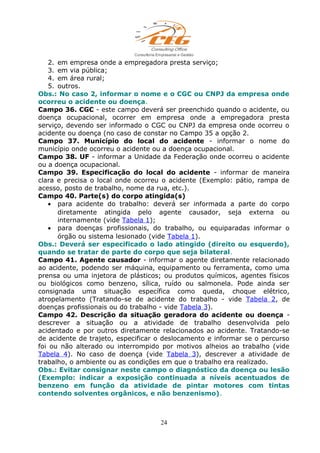 2. em empresa onde a empregadora presta serviço;
3. em via pública;
4. em área rural;
5. outros.
Obs.: No caso 2, informar o nome e o CGC ou CNPJ da empresa onde
ocorreu o acidente ou doença.
Campo 36. CGC - este campo deverá ser preenchido quando o acidente, ou
doença ocupacional, ocorrer em empresa onde a empregadora presta
serviço, devendo ser informado o CGC ou CNPJ da empresa onde ocorreu o
acidente ou doença (no caso de constar no Campo 35 a opção 2.
Campo 37. Município do local do acidente - informar o nome do
município onde ocorreu o acidente ou a doença ocupacional.
Campo 38. UF - informar a Unidade da Federação onde ocorreu o acidente
ou a doença ocupacional.
Campo 39. Especificação do local do acidente - informar de maneira
clara e precisa o local onde ocorreu o acidente (Exemplo: pátio, rampa de
acesso, posto de trabalho, nome da rua, etc.).
Campo 40. Parte(s) do corpo atingida(s)
• para acidente do trabalho: deverá ser informada a parte do corpo
diretamente atingida pelo agente causador, seja externa ou
internamente (vide Tabela 1);
• para doenças profissionais, do trabalho, ou equiparadas informar o
órgão ou sistema lesionado (vide Tabela 1).
Obs.: Deverá ser especificado o lado atingido (direito ou esquerdo),
quando se tratar de parte do corpo que seja bilateral.
Campo 41. Agente causador - informar o agente diretamente relacionado
ao acidente, podendo ser máquina, equipamento ou ferramenta, como uma
prensa ou uma injetora de plásticos; ou produtos químicos, agentes físicos
ou biológicos como benzeno, sílica, ruído ou salmonela. Pode ainda ser
consignada uma situação específica como queda, choque elétrico,
atropelamento (Tratando-se de acidente do trabalho - vide Tabela 2, de
doenças profissionais ou do trabalho - vide Tabela 3).
Campo 42. Descrição da situação geradora do acidente ou doença -
descrever a situação ou a atividade de trabalho desenvolvida pelo
acidentado e por outros diretamente relacionados ao acidente. Tratando-se
de acidente de trajeto, especificar o deslocamento e informar se o percurso
foi ou não alterado ou interrompido por motivos alheios ao trabalho (vide
Tabela 4). No caso de doença (vide Tabela 3), descrever a atividade de
trabalho, o ambiente ou as condições em que o trabalho era realizado.
Obs.: Evitar consignar neste campo o diagnóstico da doença ou lesão
(Exemplo: indicar a exposição continuada a níveis acentuados de
benzeno em função da atividade de pintar motores com tintas
contendo solventes orgânicos, e não benzenismo).
24
 