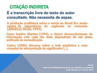 É a transcrição livre do texto do autor
consultado. Não necessita de aspas.
A produção acadêmica sobre o varejo no Brasil fica muito
aquém da importância do segmento na economia
(ANGELO; SILVA, 1993).
Como lembra Martins (1994), o futuro desenvolvimento da
informação está cada dia mais dependente de um plano
unificado de normalização.
Castro (2006) discursa sobre a web semântica e suas
camadas de interpretação de significados [...].
CITAÇÃO INDIRETA
Fonte:
www.usc.br/biblioteca/manual_de_trabalhos_academico
s.pdf. Acesso em: 24 set. 2013.
 