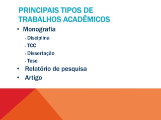 • Monografia
- Disciplina
- TCC
- Dissertação
- Tese
• Relatório de pesquisa
• Artigo
PRINCIPAIS TIPOS DE
TRABALHOS ACADÊMICOS
 