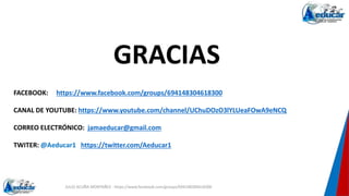 JULIO ACUÑA MONTAÑEZ - https://www.facebook.com/groups/694148304618300
FACEBOOK: https://www.facebook.com/groups/694148304618300
CANAL DE YOUTUBE: https://www.youtube.com/channel/UChuDOzO3lYLUeaFOwA9eNCQ
CORREO ELECTRÓNICO: jamaeducar@gmail.com
TWITER: @Aeducar1 https://twitter.com/Aeducar1
GRACIAS
 