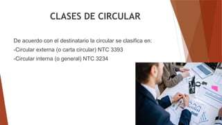 CLASES DE CIRCULAR
De acuerdo con el destinatario la circular se clasifica en:
-Circular externa (o carta circular) NTC 3393
-Circular interna (o general) NTC 3234
 