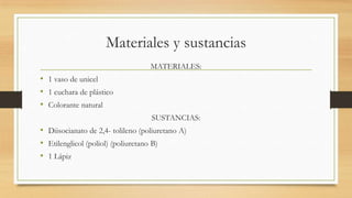 Materiales y sustancias
MATERIALES:
• 1 vaso de unicel
• 1 cuchara de plástico
• Colorante natural
SUSTANCIAS:
• Diisocianato de 2,4- tolileno (poliuretano A)
• Etilenglicol (poliol) (poliuretano B)
• 1 Lápiz
 
