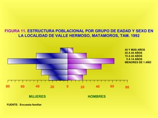39
020406080 20 40 60 80
FIGURA 11. ESTRUCTURA POBLACIONAL POR GRUPO DE EADAD Y SEXO EN
LA LOCALIDAD DE VALLE HERMOSO, MATAMOROS, TAM. 1992
45 Y MÁS AÑOS
25 A 44 AÑOS
15 A 24 AÑOS
5 A 14 AÑOS
MENORES DE 1 AÑO
MUJERES HOMBRES
FUENTE: Encuesta familiar
 