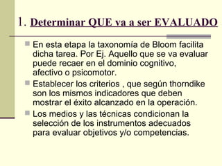 1. Determinar QUE va a ser EVALUADO
  En esta etapa la taxonomía de Bloom facilita
   dicha tarea. Por Ej. Aquello que se va evaluar
   puede recaer en el dominio cognitivo,
   afectivo o psicomotor.
  Establecer los criterios , que según thorndike
   son los mismos indicadores que deben
   mostrar el éxito alcanzado en la operación.
  Los medios y las técnicas condicionan la
   selección de los instrumentos adecuados
   para evaluar objetivos y/o competencias.
 