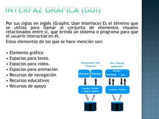 Por sus siglas en inglés (Graphic User Interface) Es el término que
se utiliza para llamar al conjunto de elementos visuales
relacionados entre sí, que brinda un sistema o programa para que
el usuario interactúe en él.
Estos elementos de los que se hace mención son:

• Elemento gráfico
• Espacios para texto.
• Espacios para video.
• Espacios para animación
• Recursos de navegación
• Recursos educativos
• Recursos de apoyo
 