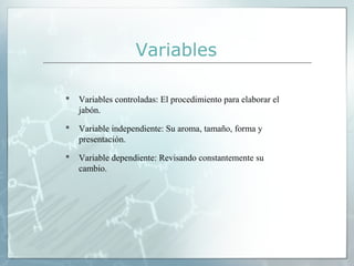 Variables


Variables controladas: El procedimiento para elaborar el
jabón.



Variable independiente: Su aroma, tamaño, forma y
presentación.



Variable dependiente: Revisando constantemente su
cambio.

 