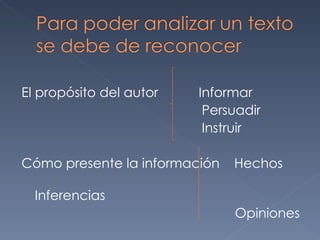 El propósito del autor  Informar Persuadir Instruir Cómo presente la información  Hechos Inferencias Opiniones 