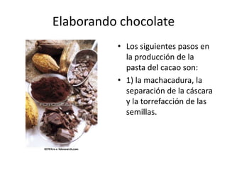 Elaborando chocolate Los siguientes pasos en la producción de la pasta del cacao son: 1) la machacadura, la separación de la cáscara y la torrefacción de las semillas.