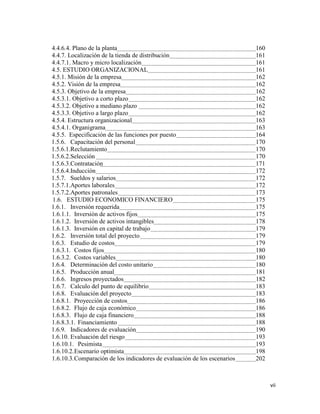 vii
4.4.6.4. Plano de la planta 160
4.4.7. Localización de la tienda de distribución 161
4.4.7.1. Macro y micro localización 161
4.5. ESTUDIO ORGANIZACIONAL 161
4.5.1. Misión de la empresa 162
4.5.2. Visión de la empresa 162
4.5.3. Objetivo de la empresa 162
4.5.3.1. Objetivo a corto plazo 162
4.5.3.2. Objetivo a mediano plazo 162
4.5.3.3. Objetivo a largo plazo 162
4.5.4. Estructura organizacional 163
4.5.4.1. Organigrama 163
4.5.5. Especificación de las funciones por puesto 164
1.5.6. Capacitación del personal 170
1.5.6.1.Reclutamiento 170
1.5.6.2.Selección 170
1.5.6.3.Contratación 171
1.5.6.4.Inducción 172
1.5.7. Sueldos y salarios 172
1.5.7.1.Aportes laborales 172
1.5.7.2.Aportes patronales 173
1.6. ESTUDIO ECONOMICO FINANCIERO 175
1.6.1. Inversión requerida 175
1.6.1.1. Inversión de activos fijos 175
1.6.1.2. Inversión de activos intangibles 178
1.6.1.3. Inversión en capital de trabajo 179
1.6.2. Inversión total del proyecto 179
1.6.3. Estudio de costos 179
1.6.3.1. Costos fijos 180
1.6.3.2. Costos variables 180
1.6.4. Determinación del costo unitario 180
1.6.5. Producción anual 181
1.6.6. Ingresos proyectados 182
1.6.7. Calculo del punto de equilibrio 183
1.6.8. Evaluación del proyecto 183
1.6.8.1. Proyección de costos 186
1.6.8.2. Flujo de caja económico 186
1.6.8.3. Flujo de caja financiero 188
1.6.8.3.1. Financiamiento 188
1.6.9. Indicadores de evaluación 190
1.6.10. Evaluación del riesgo 193
1.6.10.1. Pesimista 193
1.6.10.2.Escenario optimista 198
1.6.10.3.Comparación de los indicadores de evaluación de los escenarios 202
 