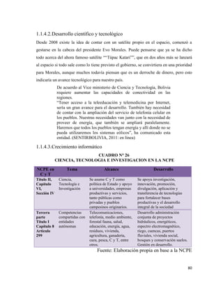 80
1.1.4.2.Desarrollo científico y tecnológico
Desde 2008 existe la idea de contar con un satélite propio en el espacio, comenzó a
gestarse en la cabeza del presidente Evo Morales. Puede pensarse que ya se ha dicho
todo acerca del ahora famoso satélite ““Túpac Katari””, que en dos años más se lanzará
al espacio si todo sale como lo tiene previsto el gobierno, se convirtiera en una prioridad
para Morales, aunque muchos todavía piensan que es un derroche de dinero, pero esto
indicaría un avance tecnológico para nuestro país.
De acuerdo al Vice ministerio de Ciencia y Tecnología, Bolivia
requiere aumentar las capacidades de conectividad en las
regiones.
“Tener acceso a la teleeducación y telemedicina por Internet,
sería un gran avance para el desarrollo. También hay necesidad
de contar con la ampliación del servicio de telefonía celular en
los pueblos. Nuestras necesidades van junto con la necesidad de
proveer de energía, que también se ampliará paralelamente.
Haremos que todos los pueblos tengan energía y allí donde no se
pueda utilizaremos los sistemas eólicos”, ha comunicado esta
entidad. (SENTIRBOLIVIA, 2011: en línea)
1.1.4.3.Crecimiento informático
CUADRO N° 26
CIENCIA, TECNOLOGIA E INVESTIGACION EN LA NCPE
NCPE en
C y T
Tema Alcance Desarrollo
Título II,
Capítulo
VI,
Sección IV
Ciencia,
Tecnología e
Investigación
Se asume C y T como
política de Estado y apoyo
a universidades, empresas
productivas y servicios,
tanto públicas como
privadas y pueblos
campesinos originarios.
Se apoya investigación,
innovación, promoción,
divulgación, aplicación y
transferencia de tecnologías
para fortalecer bases
productivas y el desarrollo
integral de la sociedad
Tercera
parte
Título I
Capítulo 8
Artículo
299
Competencias
compartidas con
entidades
autónomas
Telecomunicaciones,
telefonía, medio ambiente,
forestal fauna, salud,
educación, energía, agua,
residuos, vivienda,
agricultura, ganadería,
caza, pesca, C y T, entre
otros.
Desarrollo administración
conjunta de proyectos
hidráulicos, energéticos,
espectro electromagnético,
riego, cuencas, puertos
fluviales, vivienda social,
bosques y conservación suelos.
Gestión en desarrollo.
Fuente: Elaboración propia en base a la NCPE
 