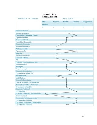 88
CUADRO N° 29
MATRIZ PESTAL
DIMENSION Y VARIABLES CALIFICACION
Muy
negativa
Negativa Estable Positiva Muy positiva
1 2 3 4 5
Dimensión Política
Sistema de gobierno 
Constitución Política del Estado 
Tipo de Gobierno 
Poderes del Estado 
Estabilidad democrática 
Dimensión Económica
Situación económica 
Política económica 
Tipo de cambio 
Inflación 
Inversión extranjera 
Comercio exterior 
PIB 
Población económicamente activa 
Mercado laboral 
Desempleo 
Tasa de desempleo 
Dimensión Socio-Cultural
Ley contra el racismo y la
discriminación

Discriminación 
Analfabetismo 
Dimensión Tecnológica
Ciencia, tecnología e investigación 
Desarrollo científico y tecnológico 
Crecimiento informático 
Dimensión Ambiental
Ley ambiental 
El medio ambiente, calentamiento
global y el cambio climático

Dimensión Legal
Constitución política del estado 
Ley general del trabajo 
Ley contra el racismo y toda forma
de discriminación

Ley del medio ambiente 
 