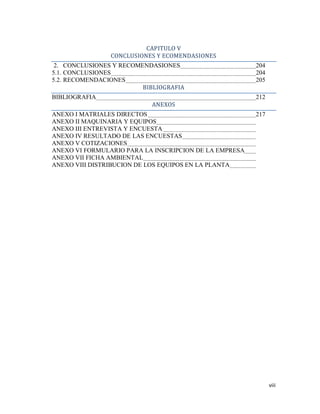 viii
CAPITULO V
CONCLUSIONES Y ECOMENDASIONES
2. CONCLUSIONES Y RECOMENDASIONES 204
5.1. CONCLUSIONES 204
5.2. RECOMENDACIONES 205
BIBLIOGRAFIA
BIBLIOGRAFIA 212
ANEXOS
ANEXO I MATRIALES DIRECTOS 217
ANEXO II MAQUINARIA Y EQUIPOS
ANEXO III ENTREVISTA Y ENCUESTA
ANEXO IV RESULTADO DE LAS ENCUESTAS
ANEXO V COTIZACIONES
ANEXO VI FORMULARIO PARA LA INSCRIPCION DE LA EMPRESA
ANEXO VII FICHA AMBIENTAL
ANEXO VIII DISTRIBUCION DE LOS EQUIPOS EN LA PLANTA
 