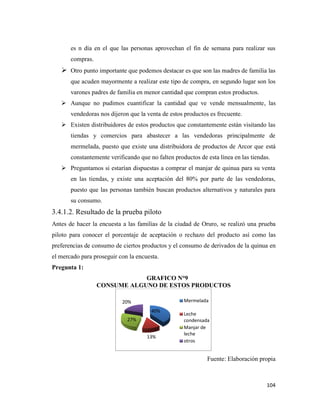 104
es n día en el que las personas aprovechan el fin de semana para realizar sus
compras.
 Otro punto importante que podemos destacar es que son las madres de familia las
que acuden mayormente a realizar este tipo de compra, en segundo lugar son los
varones padres de familia en menor cantidad que compran estos productos.
 Aunque no pudimos cuantificar la cantidad que ve vende mensualmente, las
vendedoras nos dijeron que la venta de estos productos es frecuente.
 Existen distribuidores de estos productos que constantemente están visitando las
tiendas y comercios para abastecer a las vendedoras principalmente de
mermelada, puesto que existe una distribuidora de productos de Arcor que está
constantemente verificando que no falten productos de esta línea en las tiendas.
 Preguntamos si estarían dispuestas a comprar el manjar de quinua para su venta
en las tiendas, y existe una aceptación del 80% por parte de las vendedoras,
puesto que las personas también buscan productos alternativos y naturales para
su consumo.
3.4.1.2. Resultado de la prueba piloto
Antes de hacer la encuesta a las familias de la ciudad de Oruro, se realizó una prueba
piloto para conocer el porcentaje de aceptación o rechazo del producto así como las
preferencias de consumo de ciertos productos y el consumo de derivados de la quinua en
el mercado para proseguir con la encuesta.
Pregunta 1:
GRAFICO N°9
CONSUME ALGUNO DE ESTOS PRODUCTOS
Fuente: Elaboración propia
40%
13%
27%
20% Mermelada
Leche
condensada
Manjar de
leche
otros
 