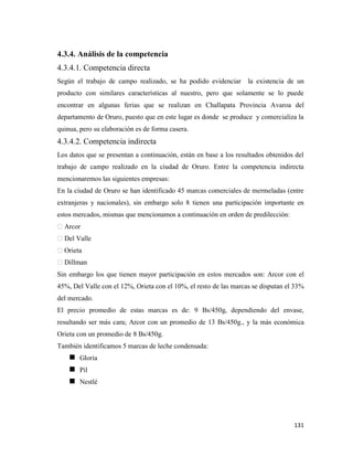 131
4.3.4. Análisis de la competencia
4.3.4.1. Competencia directa
Según el trabajo de campo realizado, se ha podido evidenciar la existencia de un
producto con similares características al nuestro, pero que solamente se lo puede
encontrar en algunas ferias que se realizan en Challapata Provincia Avaroa del
departamento de Oruro, puesto que en este lugar es donde se produce y comercializa la
quinua, pero su elaboración es de forma casera.
4.3.4.2. Competencia indirecta
Los datos que se presentan a continuación, están en base a los resultados obtenidos del
trabajo de campo realizado en la ciudad de Oruro. Entre la competencia indirecta
mencionaremos las siguientes empresas:
En la ciudad de Oruro se han identificado 45 marcas comerciales de mermeladas (entre
extranjeras y nacionales), sin embargo solo 8 tienen una participación importante en
estos mercados, mismas que mencionamos a continuación en orden de predilección:
�Arcor
�Del Valle
�Orieta
�Dillman
Sin embargo los que tienen mayor participación en estos mercados son: Arcor con el
45%, Del Valle con el 12%, Orieta con el 10%, el resto de las marcas se disputan el 33%
del mercado.
El precio promedio de estas marcas es de: 9 Bs/450g, dependiendo del envase,
resultando ser más cara; Arcor con un promedio de 13 Bs/450g., y la más económica
Orieta con un promedio de 8 Bs/450g.
También identificamos 5 marcas de leche condensada:
Gloria
Pil
Nestlé
 