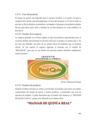 140
4.3.9.1. Usos del producto
El manjar de quinua está elaborado para el consumo familiar, se lo puede consumir a
cualquier hora del día, pero principalmente a la hora del desayuno y el té por la tarde ya
que hoy en día las familias acostumbran a acompañar el desayuno con productos además
del pan para darle mejor sabor y disfrutar de un buen desayuno así como también a la
hora del té.
4.3.9.2. Nombre de la empresa
La empresa pretende en un futuro ampliar la línea de productos especializados para el
consumo familiar aprovechando los diversos fruto que se produce en nuestro país, a fin
de crear una fidelidad por parte de los clientes hacia los productos que se pretende
ofrecer, de esta manera la empresa ingresara al mercado con el nombre de
“REALQUIN”, para que de esta manera las personas puedan identificar rápidamente
nuestro producto.
GRAFICO N°40
LOGOTIPO DE LA EMPRESA
Fuente: Elaboración Propia
4.3.9.3. Nombre del producto
Después de haber realizado un sondeo a las familias encuestadas, para poner un nombre
caracterizador del manjar de quinua a nuestro producto, y presentarles una serie de
opciones de nombres, se pudo determinar que el nombre más llamativo es “MANJAR
DE QUINUA REAL”, porque está elaborado con la Quinua Real.
 
