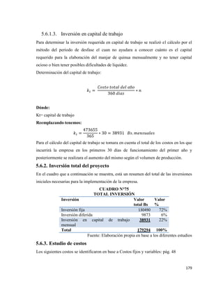 179
5.6.1.3. Inversión en capital de trabajo
Para determinar la inversión requerida en capital de trabajo se realizó el cálculo por el
método del periodo de desfase el cuan no ayudara a conocer cuánto es el capital
requerido para la elaboración del manjar de quinua mensualmente y no tener capital
ocioso o bien tener posibles dificultades de liquidez.
Determinación del capital de trabajo:
Dónde:
Kt= capital de trabajo
Reemplazando tenemos:
Para el cálculo del capital de trabajo se tomara en cuenta el total de los costos en los que
incurrirá la empresa en los primeros 30 días de funcionamiento del primer año y
posteriormente se realizara el aumento del mismo según el volumen de producción.
5.6.2. Inversión total del proyecto
En el cuadro que a continuación se muestra, está un resumen del total de las inversiones
iniciales necesarias para la implementación de la empresa.
CUADRO N°75
TOTAL INVERSIÓN
Inversión Valor
total Bs
Valor
%
Inversión fija 130490 72%
Inversión diferida 9873 6%
Inversión en capital de trabajo
mensual
38931 22%
Total 179294 100%
Fuente: Elaboración propia en base a los diferentes estudios
5.6.3. Estudio de costos
Los siguientes costos se identificaron en base a Costos fijos y variables: pág. 48
 