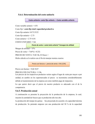 181
5.6.4. Determinación del costo unitario
Costo variable unitario = 4.91
Costo fijo= costo fijo total/ capacidad productiva
Costo fijo unitario 14171/5152
Costo fijo unitario = 2.75
Costo unitario = 2.75+4.91
COSTO UNITARIO =7.66
Margen de utilidad = 15%
Precio de venta = 7.66*(1.+0.25)
PRECIO DE VENTA =9.60 Bs. El frasco =
Dicho cálculo se lo realizo con el fin de manejar montos exactos
Precio con factura = 9.60 /0.87
PRECIO CON FACTURA= 11 Bs.
Los precios de los respectivos productos varían según el lugar de venta por mayor o por
unidad, en cambio en los supermercados el precio se incrementa considerablemente
debido al mantenimiento de la empresa así como también pago de impuestos.
Lo que quiere decir que el precio de nuestro producto es adecuado con el de la
competencia.
5.6.5. Producción anual
A continuación se presenta la proyección de la producción de la empresa, la cual,
muestra la cantidad de frascos que se producirán año tras año.
La producción del manjar de quinua fue proyectada de acuerdo a la capacidad máxima
de producción. Se pretende empezar con una producción del 50 % de la capacidad
Costo unitario= costo fijo unitario + Costo variable unitario
Precio de venta = costo total unitario* %margen de utilidad
Precio con factura = precio de venta + IVA (13%)
 