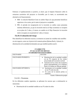 193
Entonces: el apalancamiento es positivo, es decir, que el impacto financiero sobre la
estructura económica del proyecto es favorable; por lo tanto, se recomienda esta
alternativa de financiamiento.
 RBC: la relación Beneficio-Costo en ambos flujos de caja presentan beneficios
superiores a los costos, por lo tanto el proyecto es aceptable.
 PRI: el periodo de recuperación de la inversión en ambos casos presentan
mínimas diferencias, ya que la inversión total en el flujo económico se recupera
en un plazo de 2 años y 4 meses; en cambio en el flujo financiero la inversión
total se recupera en un periodo de 1 años y 6 meses
5.6.10. Evaluación del riesgo
Para identificar los diferentes sucesos, se tomaron en cuenta las variables más sensibles
en este negocio, como ser el precio de la materia prima (Quinua Real y Azúcar), la
disminución en la cantidad de demanda caso que también podría ocurrir.
CUADRO N°92
EVALUACIÓN DE RIESGO
EN DIFERENTES ESCENARIOS
ESCENARIO SUCESO
ESCENARIO PESIMISTA Disminución de la cantidad vendida
en un 5% respecto de las ventas
proyectadas del escenario normal.
Aumento de los costos de la materia
prima principalmente en la Quinua
Real y el Azúcar en 5Bs por quintal
ESCENARIO OPTIMISTA Incremento en la cantidad vendida
en un 5% año tras año
En costo de la materia prima se
mantiene
Fuente: Elaboración propia
5.6.10.1. Pesimista
En los diferentes cuadros siguientes, se aplicaran los sucesos que a continuación se
mencionan.
Disminución de la cantidad vendida en un 5% todos los años
 