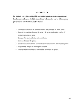 217
ENTREVISTA
La presente entrevista está dirigida a vendedores/as de productos de consumo
familiar envasados, con el objetivo de obtener información acerca del consumo,
preferencias, características, de los clientes.
Qué tipo de productos de consumo para el desayuno y el té usted vende
Entre la mermelada, el manjar de leche y la leche condensada, cual es el
producto con mayor venta
Con que frecuencia adquiere estos productos
Conoce el manjar de quinua
Usted cree que los clientes estarían dispuestos a consumir el manjar de quinua
Adquiriría el manjar de quinua para su venta
como preferiría que fuese la distribución del manjar de quinua.
 
