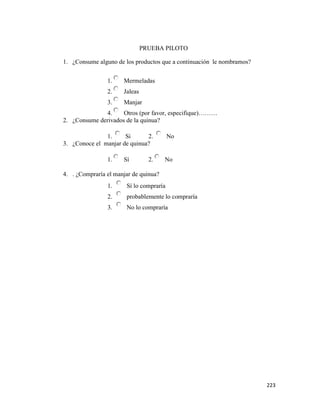 223
PRUEBA PILOTO
1. ¿Consume alguno de los productos que a continuación le nombramos?
1. Mermeladas
2. Jaleas
3. Manjar
4. Otros (por favor, especifique)………
2. ¿Consume derivados de la quinua?
1. Si 2. No
3. ¿Conoce el manjar de quinua?
1. Sí 2. No
4. . ¿Compraría el manjar de quinua?
1. Sí lo compraría
2. probablemente lo compraría
3. No lo compraría
 