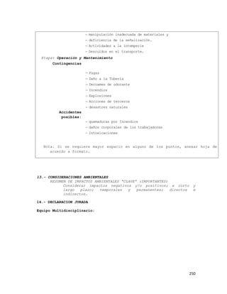 250
manipulación inadecuada de materiales y
deficiencia de la señalización.
Actividades a la intemperie
Descuidos en el transporte.
Etapa: Operación y Mantenimiento
Contingencias
Fugas
Daño a la Tubería
Derrames de odorante
Incendios
Explosiones
Acciones de terceros
desastres naturales
Accidentes
posibles:
quemaduras por Incendios
daños corporales de los trabajadores
Intoxicaciones
Nota. Si se requiere mayor espacio en alguno de los puntos, anexar hoja de
acuerdo a formato.
13.- CONSIDERACIONES AMBIENTALES
RESUMEN DE IMPACTOS AMBIENTALES “CLAVE” (IMPORTANTES)
Considerar impactos negativos y/o positivos; a corto y
largo plazo; temporales y permanentes; directos e
indirectos.
14.- DECLARACION JURADA
Equipo Multidisciplinario:
 