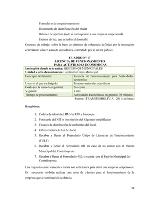 58
Formulario de empadronamiento
Documento de identificación del titular
Balance de apertura (solo si corresponde a una empresa unipersonal)
Factura de luz, que acredite el domicilio
Contrato de trabajo, sobre la base de términos de referencia definido por la institución
contratante solo en caso de consultores, contratado por el sector público.
CUADRO N° 17
LICENCIA DE FUNCIONAMIENTO
PARA ACTIVIDADES ECONOMICAS
Institución donde se tramita: GOBIERNOS MUNICIPALES
Unidad u otra denominación: ventanilla Única Municipal
Concepto del trámite: Licencia de Funcionamiento para Actividades
economías
Usuario al que va dirigido: Personas naturales o jurídicas
Costo (en la moneda regulada): Sin costo
Vigencia: 1 año
Tiempo de procesamiento: Actividades Económicas en general: 30 minutos
Fuente: (TRAMITESBOLIVIA. 2011: en linea)
Requisitos:
1. Cedula de identidad, RUN o RIN y fotocopia
2. Fotocopia del NIT o Inscripción del Régimen simplificado
3. Croquis de distribución de ambientes del local.
4. Ultima factura de luz del local
5. Recabar y llenar el Formulario Único de Licencias de Funcionamiento
(FULF)
6. Recabar y llenar el Formulario 401 en caso de no contar con el Padrón
Municipal del Contribuyente.
7. Recabar y llenar el Formulario 402, si cuenta con el Padrón Municipal del
Contribuyente.
Los requisitos anteriormente citados son suficientes para abrir una empresa unipersonal.
Es necesario también realizar otra serie de trámites para el funcionamiento de la
empresa que a continuación se detalla.
 