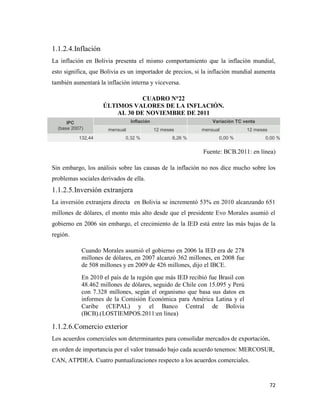 72
1.1.2.4.Inflación
La inflación en Bolivia presenta el mismo comportamiento que la inflación mundial,
esto significa, que Bolivia es un importador de precios, si la inflación mundial aumenta
también aumentará la inflación interna y viceversa.
CUADRO N°22
ÚLTIMOS VALORES DE LA INFLACIÓN.
AL 30 DE NOVIEMBRE DE 2011
IPC
(base 2007)
Inflación Variación TC venta
mensual 12 meses mensual 12 meses
132,44 0,32 % 8,26 % 0,00 % 0,00 %
Fuente: BCB.2011: en línea)
Sin embargo, los análisis sobre las causas de la inflación no nos dice mucho sobre los
problemas sociales derivados de ella.
1.1.2.5.Inversión extranjera
La inversión extranjera directa en Bolivia se incrementó 53% en 2010 alcanzando 651
millones de dólares, el monto más alto desde que el presidente Evo Morales asumió el
gobierno en 2006 sin embargo, el crecimiento de la IED está entre las más bajas de la
región.
Cuando Morales asumió el gobierno en 2006 la IED era de 278
millones de dólares, en 2007 alcanzó 362 millones, en 2008 fue
de 508 millones y en 2009 de 426 millones, dijo el IBCE.
En 2010 el país de la región que más IED recibió fue Brasil con
48.462 millones de dólares, seguido de Chile con 15.095 y Perú
con 7.328 millones, según el organismo que basa sus datos en
informes de la Comisión Económica para América Latina y el
Caribe (CEPAL) y el Banco Central de Bolivia
(BCB).(LOSTIEMPOS.2011:en línea)
1.1.2.6.Comercio exterior
Los acuerdos comerciales son determinantes para consolidar mercados de exportación,
en orden de importancia por el valor transado bajo cada acuerdo tenemos: MERCOSUR,
CAN, ATPDEA. Cuatro puntualizaciones respecto a los acuerdos comerciales.
 