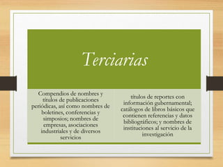Terciarias
Compendios de nombres y
títulos de publicaciones
periódicas, así como nombres de
boletines, conferencias y
simposios; nombres de
empresas, asociaciones
industriales y de diversos
servicios
títulos de reportes con
información gubernamental;
catálogos de libros básicos que
contienen referencias y datos
bibliográficos; y nombres de
instituciones al servicio de la
investigación
 
