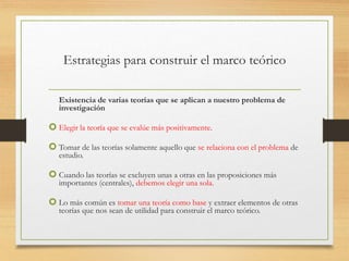Estrategias para construir el marco teórico
Existencia de varias teorías que se aplican a nuestro problema de
investigación
 Elegir la teoría que se evalúe más positivamente.
 Tomar de las teorías solamente aquello que se relaciona con el problema de
estudio.
 Cuando las teorías se excluyen unas a otras en las proposiciones más
importantes (centrales), debemos elegir una sola.
 Lo más común es tomar una teoría como base y extraer elementos de otras
teorías que nos sean de utilidad para construir el marco teórico.
 
