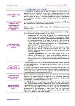 Jesús Jarque García

Procedimiento para elaborar un PTI para ACNEAE

PREGUNTAS FRECUENTES...
¿QUIÉN TIENE QUE HACER
EL PTI?

La normativa establece que el PTI lo elabora el tutor/a con el
asesoramiento del orientador. Sin embargo, parece razonable que cada
profesor elabore el PTI de su área. Es decir, lo normal es que, por
ejemplo, el PTI de Lengua Extranjera lo elabore el profesor de esta área
si es diferente del tutor, aunque el tutor sea el que unifique el
documento.

¿PARA CUÁNTO TIEMPO SE ELABORA EL PTI?

La normativa no establece un período para la elaboración del PTI. Lo
más práctico suele ser elaborarlo trimestralmente.

¿SE HACE UN PTI POR
CADA ÁREA O UNO
CONJUNTO PARA EL
ALUMNO?

-

Se debe hacer un único PTI en el que estén establecidos los aspectos
para cada área.

-

Los aspectos que vayan a trabajar estos especialistas se deben reflejar
en los diferentes apartados del PTI de esta forma:
o Aprendizajes: En las áreas se pueden incluir aprendizajes que
preferentemente van a trabajar el PT o AL. Por ejemplo, el trabajo
del AL debería de aparecer preferentemente incluido en el área
de Lengua Castellana. Si se trata de algo muy diferenciado y
específico (por ejemplo estimular un aspecto cognitivo que va a
trabajar el PT) se puede establecer dentro de los aprendizajes un
apartado titulado “otros aprendizajes”.
o Procedimientos de Evaluación. En este apartado se incluye
cómo se van a evaluar los aspectos que trabaje el PT y AL. Por
ejemplo, puede ser válido mediante la observación que estos
profesionales hacen.
o Aspectos organizativos: Aquí se debe reflejar quién va a
intervenir con el alumno (si PT, AL o los dos), cuántas sesiones, si
serán sesiones dentro o fuera del aula, en qué aspectos se va a
centrar su trabajo y una referencia genérica sobre los materiales a
emplear.

-

Obligatoriamente no. Solo aquellas áreas en las que el alumno necesite
un plan individualizado y la respuesta general para el resto de alumnos
sea insuficiente.
Es posible que en varias áreas el alumno las pueda cursar igual que sus
compañeros. En este caso se puede reflejar anotando una observación
como la siguiente: : “En esta área no requiere PTI. El alumno afrontará
los aprendizajes previstos para todo el grupo”.

¿CÓMO SE REFLEJA EL
TRABAJO DEL PT O DEL AL
EN EL PTI?

¿TODAS LAS ÁREAS
DEBEN ESTAR
REFLEJADAS EN EL PTI?

-

OBLIGATORIAMENTE
TODOS LOS ACNEAE
TIENEN PTI

-

Según establece la normativa, para los alumnos con necesidad
específica de apoyo educativo el referente de la evaluación serán los
objetivos, competencias básicas y criterios de evaluación (es decir, los
“aprendizajes”) que se establezcan en su PTI.

-

¿CÓMO SE TIENE EN
CUENTA EL PTI EN LA
EVALUACIÓN?

Los ACNEAE tienen “necesidades específicas de apoyo educativo”,
luego sus propias necesidades específicas hacen que requiera un plan
individualizado. Esto no quiere decir que el PTI esté referido a todas las
áreas. Un alumno puede que solo necesite algunas modificaciones
organizativas y metodológicas y añadir algún tipo de aprendizaje
(habilidades sociales o estrategias cognitivas, por ejemplo). En estos
casos su PTI reflejará solo estos aspectos.

5
www.jesusjarque.com

 