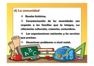 d) La comunidad
       Reseña histórica.
        Caracterización de las necesidades con
    respecto a las familias que la integra, sus
    referencias culturales, creencias, costumbres.
        Las organizaciones existentes y los servicios
    que prestan.
        Situaciones problemas a nivel social.
 