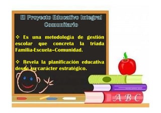 Es una metodología de gestión
escolar que concreta la triada
Familia-Escuela–Comunidad.

   Revela la planificación educativa
desde su carácter estratégico.


                                       Yamilet Salazar, 2013
 