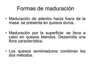 Formas de maduración Maduración de adentro hacia fuera de la masa: se presenta en quesos duros. Maduración por la superficie: se lleva a cabo en quesos blandos. Desarrolla una flora característica. Los quesos semimaduros combinan los dos métodos. 