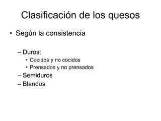 Clasificación de los quesos Según la consistencia Duros: Cocidos y no cocidos Prensados y no prensados Semiduros Blandos 