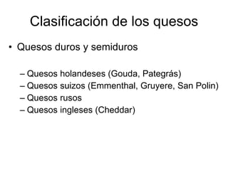 Clasificación de los quesos Quesos duros y semiduros  Quesos holandeses (Gouda, Pategrás) Quesos suizos (Emmenthal, Gruyere, San Polin) Quesos rusos Quesos ingleses (Cheddar) 