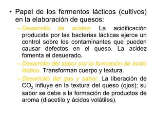Papel de los fermentos lácticos (cultivos) en la elaboración de quesos: Desarrollo de acidez :  La acidificación producida por las bacterias lácticas ejerce un control sobre los contaminantes que pueden causar defectos en el queso. La acidez fomenta el desuerado. Desarrollo del sabor por la formación de ácido láctico .  Transforman cuerpo y textura. Desarrollo del gas y sabor .  La liberación de CO 2  influye en la textura del queso (ojos); su sabor se debe a la formación de productos de aroma (diacetilo y ácidos volátiles). 