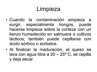 Limpieza Cuando la contaminación empieza a surgir, especialmente hongos, puede hacerse limpieza sobre la corteza con un lienzo humedecido en salmuera o cultivos lácticos; también puede cepillarse con ácido sórbico o sorbatos. Al finalizar la maduración, el queso se lava con agua tibia a 20 – 25º C, se cepilla y deja secar. 