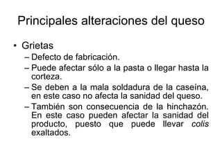 Principales alteraciones del queso Grietas Defecto de fabricación. Puede afectar sólo a la pasta o llegar hasta la corteza. Se deben a la mala soldadura de la caseína, en este caso no afecta la sanidad del queso. También son consecuencia de la hinchazón. En este caso pueden afectar la sanidad del producto, puesto que puede llevar  colis  exaltados. 